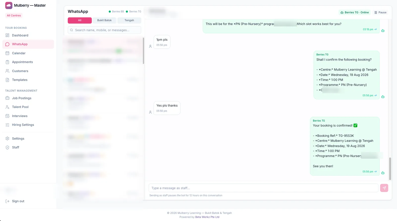 Built-in WhatsApp inbox with automated booking confirmations (contact details redacted)