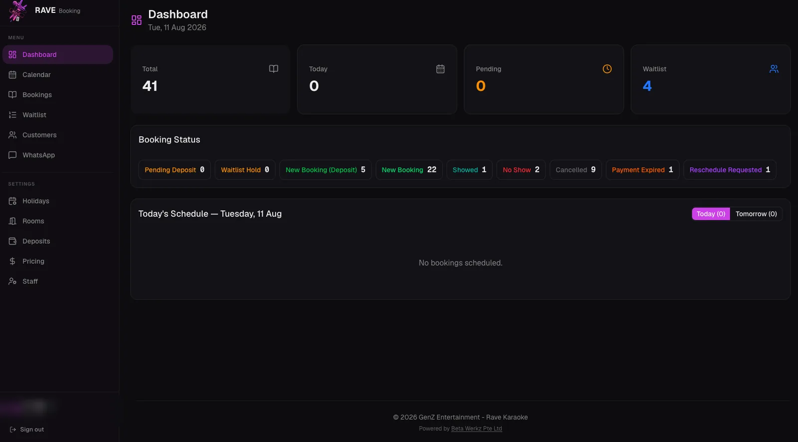 Rave Karaoke Booking System — desktop view